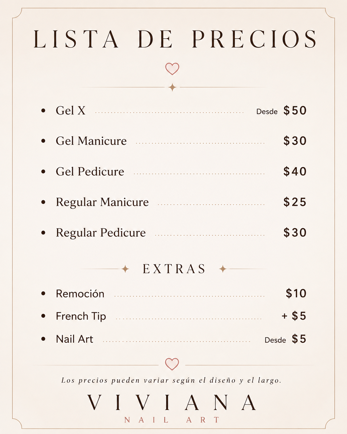 Lista de precios de Viviana Nail Art